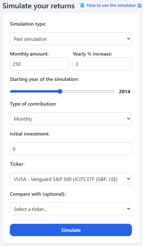Long-term investing example with VUSA S&P 500 ETF parameters